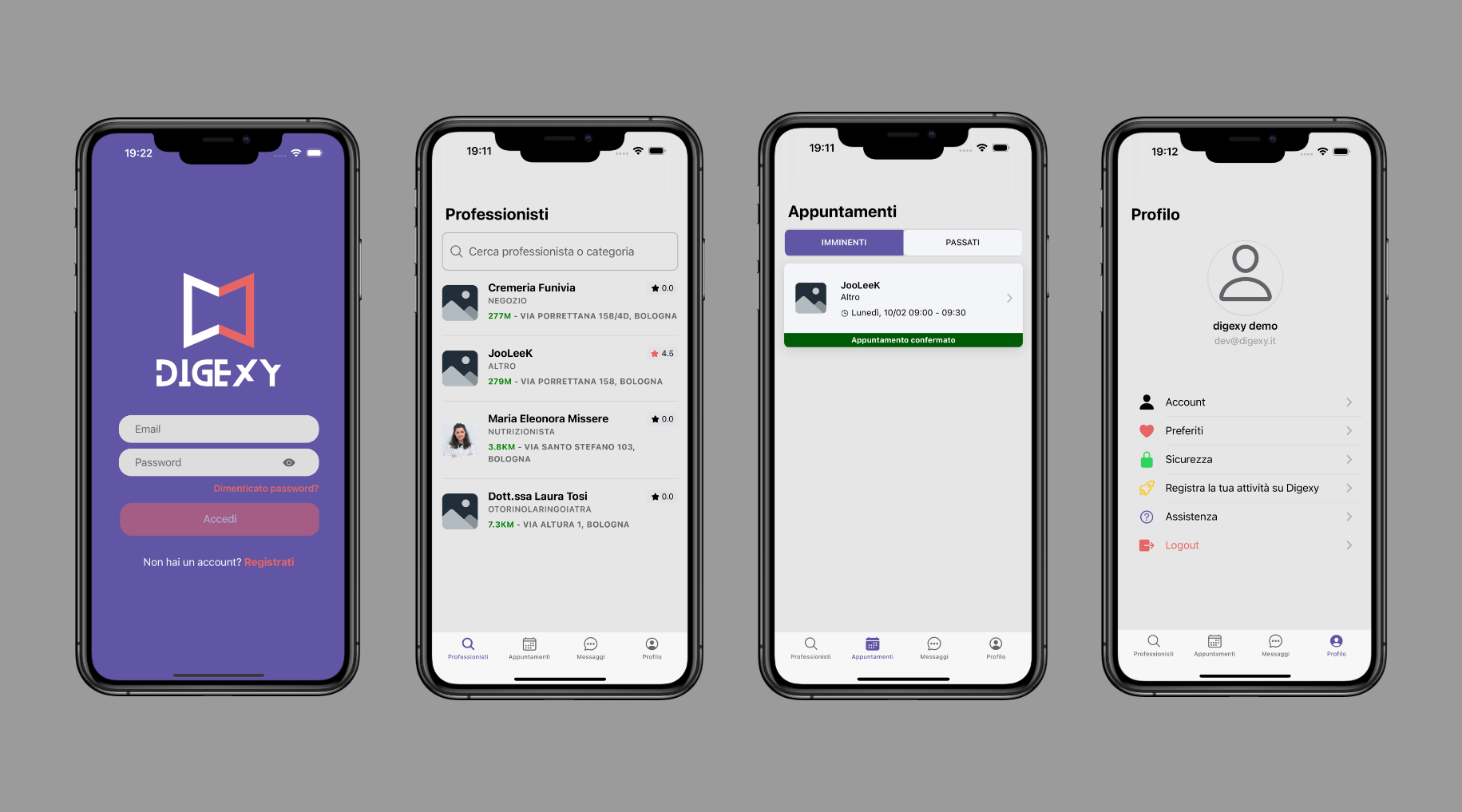 Le pagine dell'app Digexy